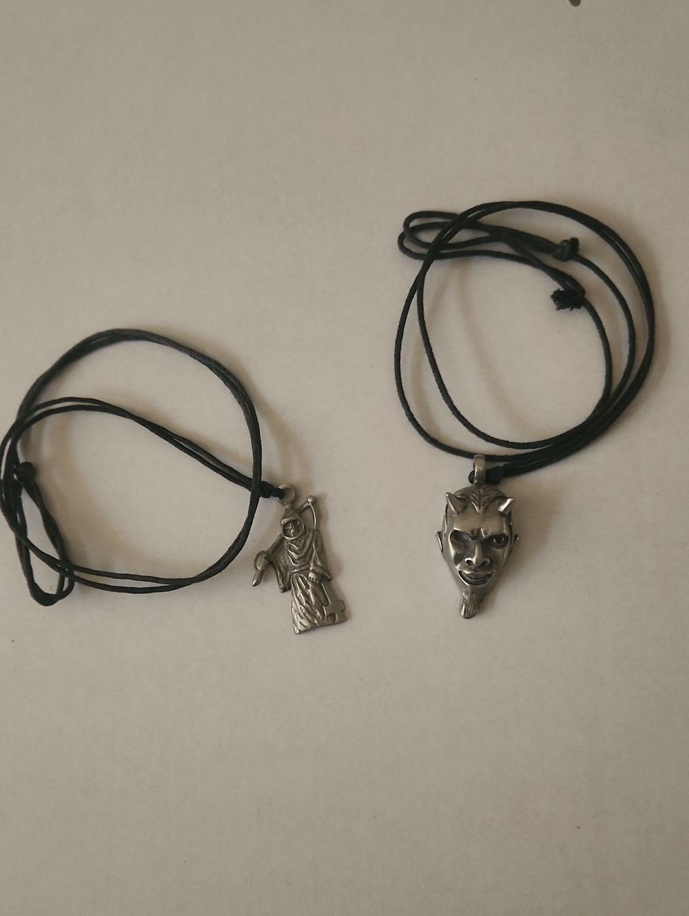 Men's Black Cord Necklace with Silver Grim Reaper & Devil Pendants